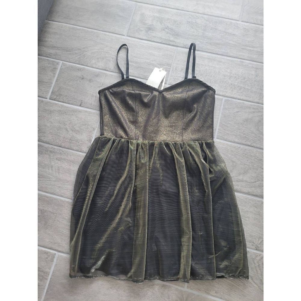 Fenchi Womens Metallic Gold Black Mesh Fit & Flare Cocktail Party Dress XL NEW